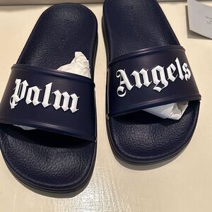 Palm Angels Kids Size 30 Slip On Pool Slides Navy Blue Logo Streetwear New